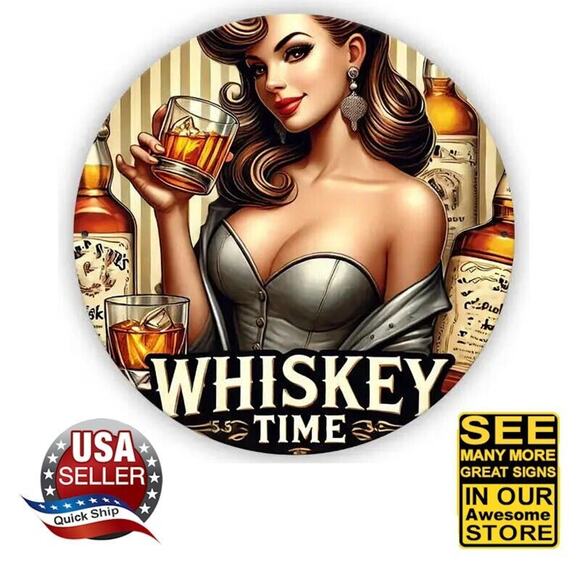Tin Sign • Whiskey Time • Retro 1950s Style Brunette Pin-Up Girl Big Boobs •8 x8 - Picture 1 of 6